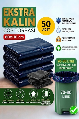 80x110 Cm Extra Kalın Siyah Endüstriyel Çöp Poşeti - 50 Adet / Ağır Hizmet Tipi