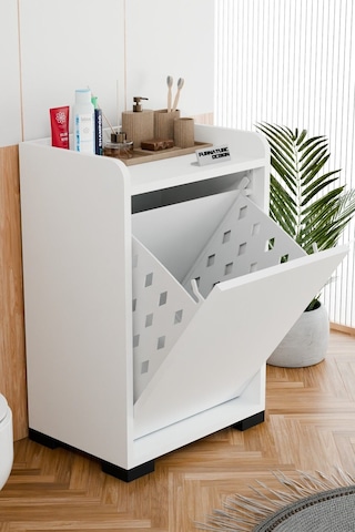 Solena Dekoratif Çamaşır Dolabı Düşer Kapak Çamaşırlık Beyaz