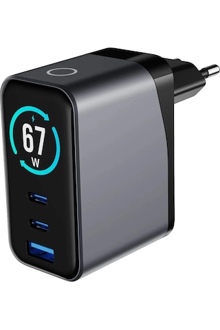 Welio W'more Wcg67 3'ü 1 Arada Tft Ekranlı 67w Gan Şarj Cihazı Hızlı Şarj Usb-c 3 Portlu Laptop Gan Pd 3.1 Evrensel Şarj Cihazı 3-ın-1 67w Siyah