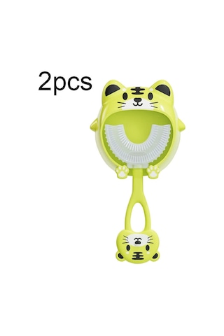 Sones S8 2 Adet Çocuk Karikatür Hayvan Manuel U Şeklinde Silikon Diş Fırçası 2-12 Yaş Arası Yeşil Kaplan
