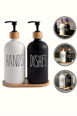 2 Li Hands Dishes Siyah Beyaz Dekoratif Mutfak Banyo Sıvı Cam Sabunluk Seti 500ml Bambu Stantlı Set Beyaz-siyah
