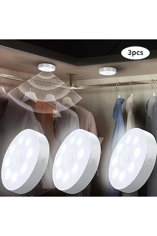 Fastbuy 3 Adet Takım Sıcak Beyaz Ayarlanabilir Parlaklık Led Hareket Sensörlü Gece Işıkları, Usb Şarj Edilebilir Pil Mutfak T Sıcak Beyaz