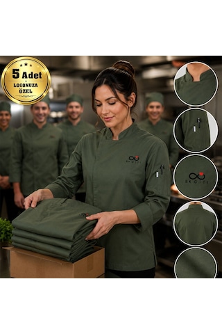 Logonuza Özel 5 Adet Yeşil Kadın Şef Ceketi - Gabardin Kumaş Profesyonel Aşçı Ceketi Xxl