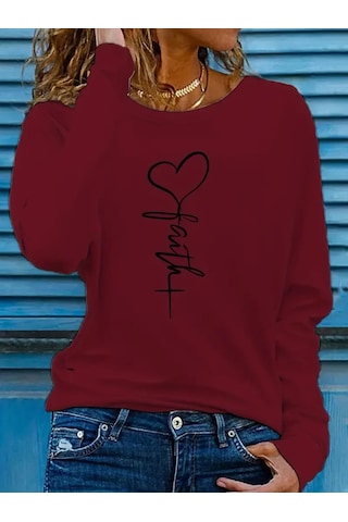 Kadın Uzun Kollu Bisiklet Yaka Faith Baskılı Viskon Bluz Bordo