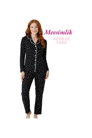 Guava Kadın Desenli Slim Fit Gömlek Yaka Önden Düğmeli Dar Kalıp Mevsimlik Uzun Kollu Pijama Takımı Siyah-beyaz