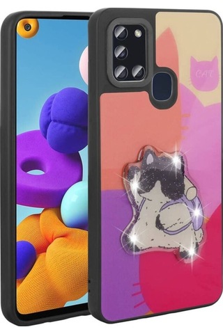 Galaxy A21s Kılıf Parlayan Kabartmalı İkonik Figürlü Zore Amas Silikon Kapak Mor
