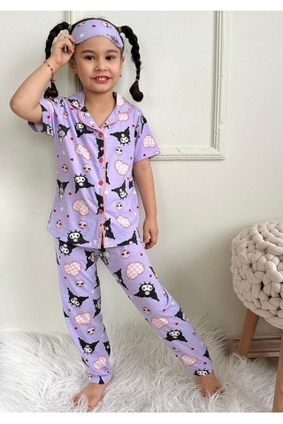 Kız Çocuk Kedi Desenli Pamuklu Düğmeli Pijama Takımı Göz Bantlı Lila