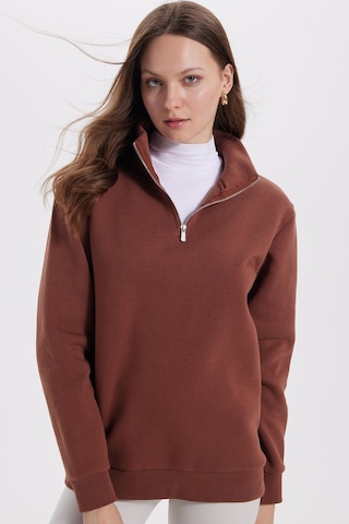 Tudors Kadın Relax Fit Rahat Kesim Pamuklu İçi Polarlı Yarım Fermuarlı Kahverengi Dik Yaka Sweatshirt-42194 Kahverengi1