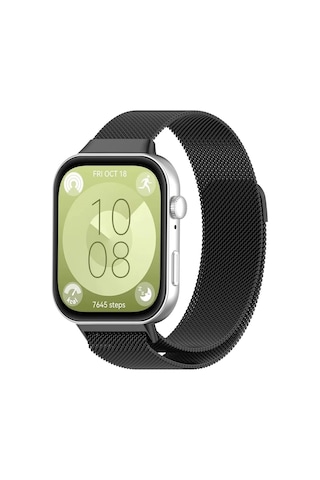 Huawei Watch Fit 3 / Fit 4 Uyumlu Metal Hasır Manyetik Kordon Siyah