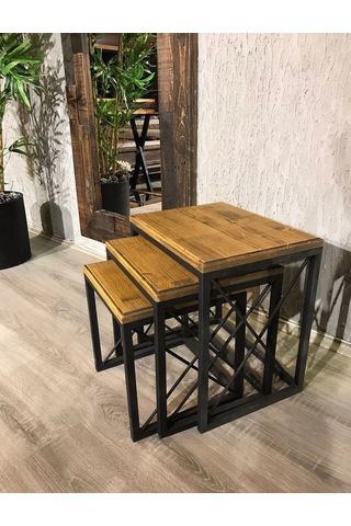 Deko 3'lü Zigon Sehpa Metal Ayaklı Doğal Ladin Ağacı