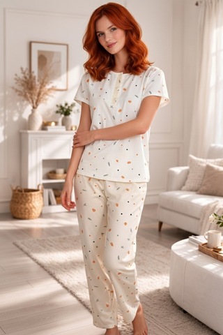 Seamlife Kadın Desenli Düğmeli Bisiklet Yaka Kısa Kol Pijama Takımı-slim Fit Yazlık Homewear Beyaz