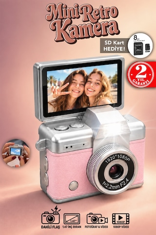 Mimtec Blm-110 Mini Retro Dijital Kamera - Flaşlı Katlanabilir Ekran 1080p Hd Video Selfie Vlog Kamerası Pembe