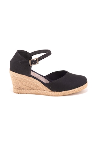 Star Tombis Gerçek Elişi Bilekten Bantlı Topuğu Açık Keten Espadril Dolgu Topuk Handmade Siyah