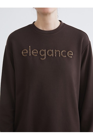 Lcw Everyday Kahverengi Bisiklet Yaka Taşlı Kadın Sweatshirt