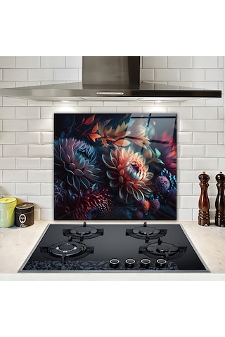 Cam Ocak Arkası Koruyucu Dark Flowers 52cm X 60cm