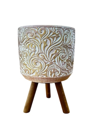 Bitki Tasarımı Ev Dekorasyon Gold Çiçek Desenli Beton Saksı Ayaklı Çiçeklik Saksılık