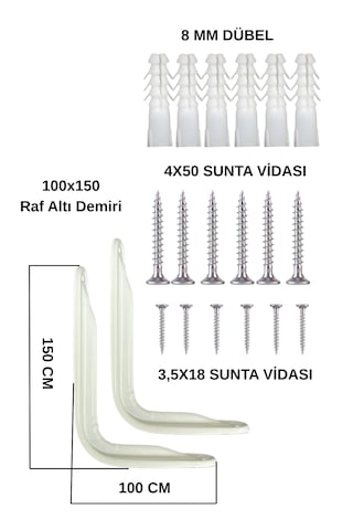 Raf Altı Ayak Tutucu L Demiri 100x150 Beyaz Montaj Aparatı 2 Adet Beyaz