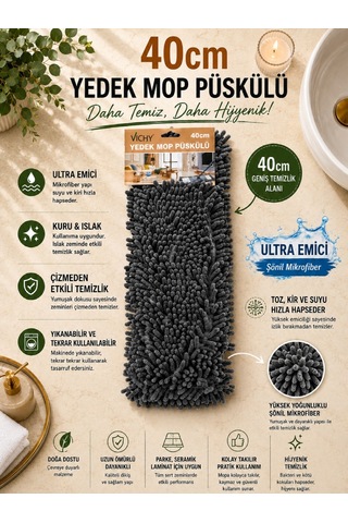 Yedek Mop Püskülü 40 Cm Şönil Mikrofiber Mop Başlığı Ultra Emici Yıkanabilir Bez Vıchy-7035
