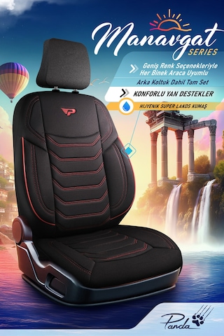 Siyah - Kırmızı Panda Manavgat Serısı Lakos Kumaş Oto Koltuk Kılıfı - Tam Set