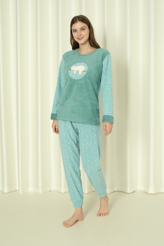 Wordex Fawn 3312 Peluş Welsoft Polar Kışlık Yumoş Uyuyan Ayılı Kadın Pijama Takımı Yeşil