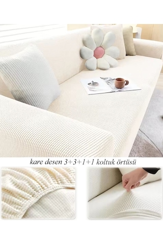 StarMall Streç Esnek Yikanabilir KareDesen Kotuk Örtüsü, kanepe, çekyat Kılıfı 3311 Takım Krem