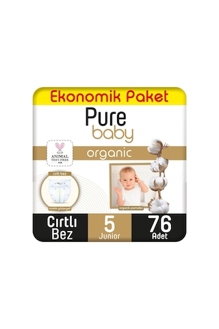 Pure Baby Organik Pamuklu Cırtlı Bez Ekonomik Paket 5 Numara Junior 76 Adet