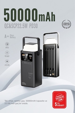 50.000 Mah Outdoor Led Işıklı Hızlı Şarj Powerbank Usb-c & Çoklu Cihaz Desteği Siyah