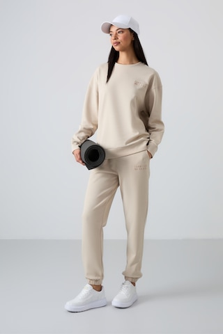 Tommy Life Bej Basic Pamuklu O Yaka Oversize Lastik Paça Kadın Eşofman Takım - 95287 Bej