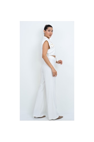 Dorne Moda Özel Seri Fermuar Ve Cep Detaylı Crop Yelek Bluz Ve Bol Paça Pantolon İkili Takım - Düğün - Mezuniyet - Ofis Şıklığı Beyaz Beyaz