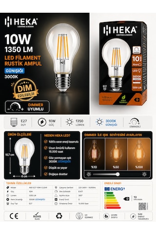 10 Adet Heka 10w Günışığı 3000k E27 Duylu Dim Edilebilir Led Rustik Ampul