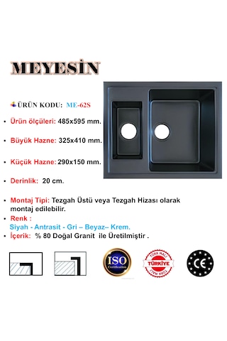 Meyesin ME-62S Granit 1.5 Göz Mutfak Evyesi Siyah 485 x 595 MM