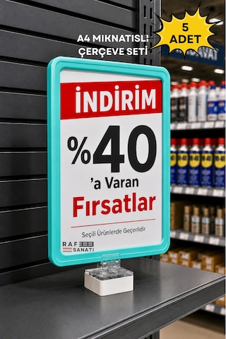 5 Adet - A4 Güçlü Mıknatıs Tutuculu Fiyatlık Etiketlik Dikey Yatay Ve Bilgilendirme Çerçevesi Turkuaz 1