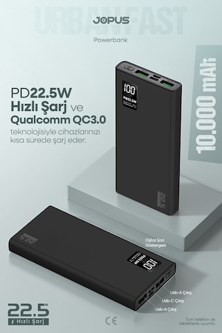 Jopus 10000mah Powerbank Pd 22.5w Hızlı Şarj - Dijital Ekranlı - Taşınabilir Şarj Cihazı Siyah
