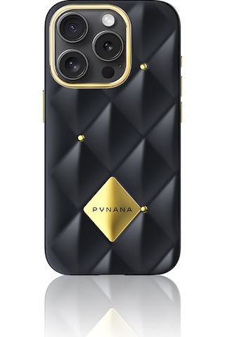 Apple Uyumlu iPhone 16 Pro Kılıf Parlak Arka Yüzeyli Kabartma Kapitone Pynana Metal Diamond Serisi Kapak Siyah