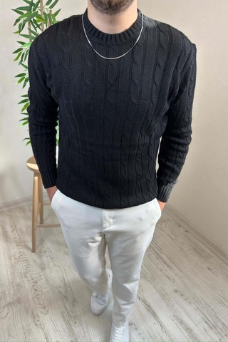 Erkek Siyah Örgülü Slim Fit Bisiklet Yaka Triko Kazak Siyah