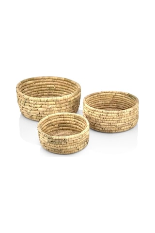 Dekoratif Yuvarlak Hurma Hasır Sepet 3 Lü Set