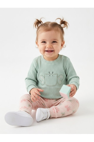 HelloBaby Pamuklu Kelebek Detaylı Taytlı 2li Kız Bebek Takım Yeşil Yesil