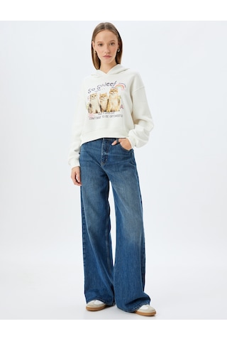 Koton Kapüşonlu Kedi Baskılı Şardonlu Rahat Kalıp Crop Sweatshirt Ekru 5wal10613ık Ekru Ekru