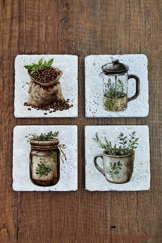 Doğal Taş Bardak Altlığı -kahve Temalı 10x10cm - Stone Coasters Çok Renkli