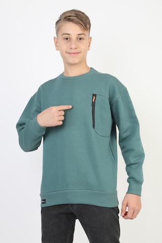 Bisiklet Yaka Cep Fermuar Detaylı Erkek Çocuk Sweatshirt-90856 Yeşil