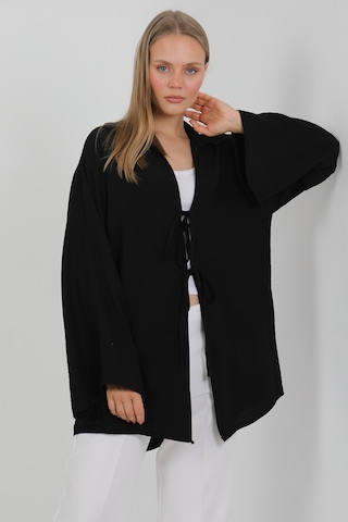 Doğal Viskon Kumaş Cepli Bağcıklı Kadın Kimono 1167 Hafif, Dökümlü, Akışkan, Yazlık Model Siyah