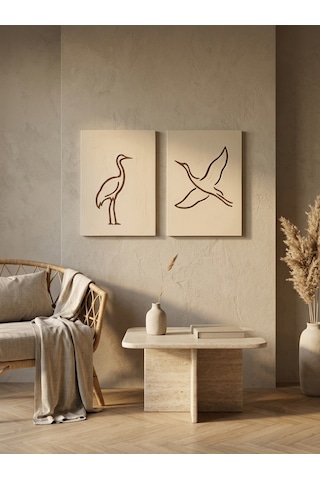 Zen Serenity 2'li Duvar Sanatı Seti - Minimalist Japandi Tarzı El Yapımı Kazıma Çizgisel Turna Tablo Seti