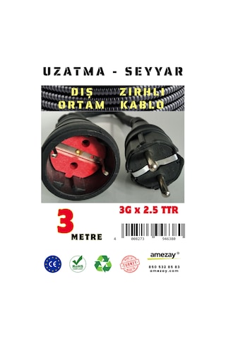3 Metre Dış Ortam Spiral Zırhlı Uzatma Kablosu - G3x2.5 Kablo Kesiti 3 Metre