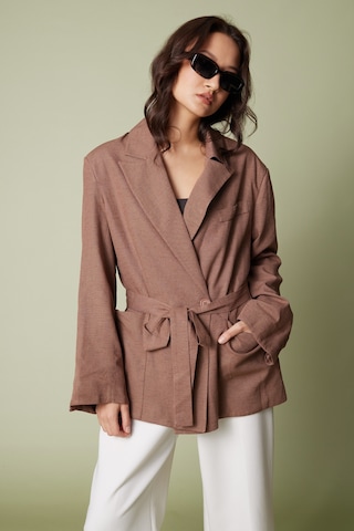 Keten Karışımlı Kuşaklı Blazer Ceket Çikolata