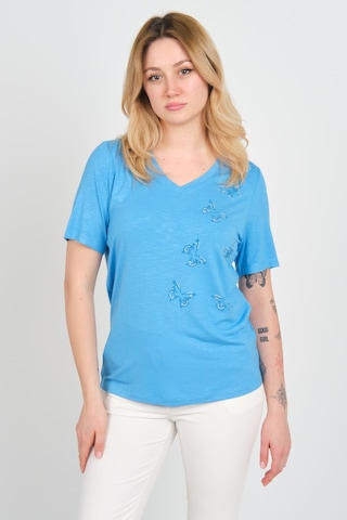Ella Camelia Kadın Kelebek Şekilli Taş Süslemeli V Yaka Kısa Kollu Bluz 24e047 Mavi Mavi
