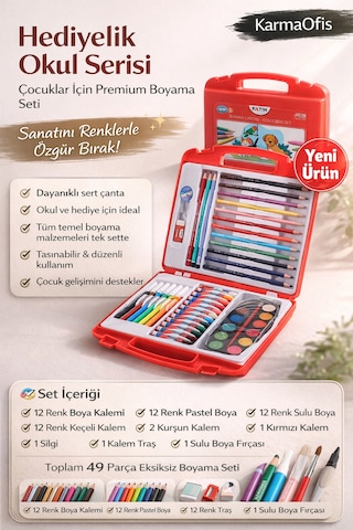Hediyelik Okul Serisi 49 Parça Boyama Seti Çantalı Sulu Boya, Pastel, Keçeli Ve Kuru Boya Seti