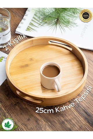 Yuvarlak Bambu Tepsi, Kulplu Sunum Tepsisi, Servis Tepsisi, Kahve Tepsisi, Keyif Tepsisi, Modern Tahta Tepsi - 25 Cm Bambu