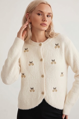 Soft&Basic Taş İşlemeli Yumuşak Tüylü Triko Düğmeli Hırka Beyaz