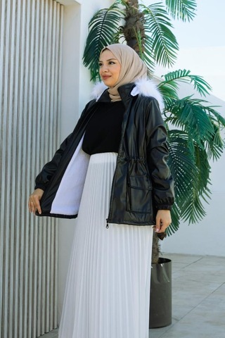 Belden Bağcık, Fermuar Detaylı Kapşonlu Kısa Deri Mont-brc6265 Siyah