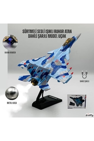 Oyuncak Model Uçak Dahili Şarjlı Buhar Atabilen Metal Kasa Işıklı Sesli Standlı Sürtmeli Savaş Uçağı + Kutulu F-16 Lacivert A150